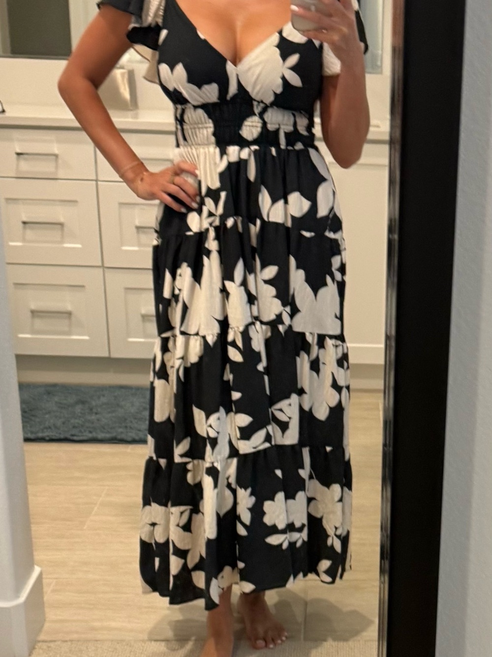 Anthropologie Black and White Floral Tiered Maxi Dress - Picture 1 of 12